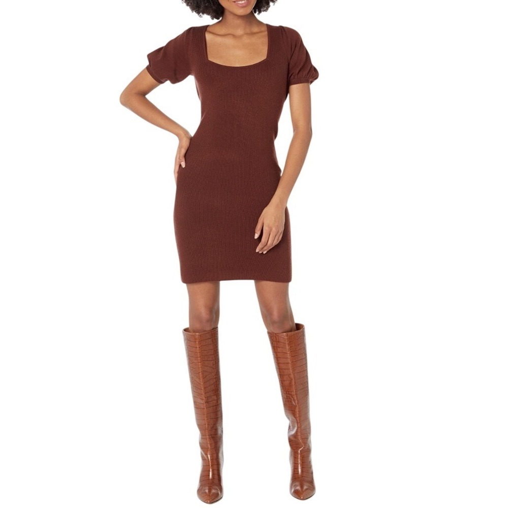 French Connection Knit BabySoft Puff Sleeve Square Neck Midi‎ Dress Brown Size M